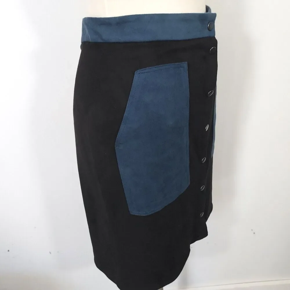 JOH Skirt Soft Faux Suede Size XL Snap Front Pockets Stretch Black Blue NWT